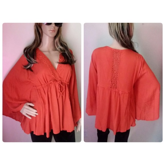 SUN KISSED LACE  V NECK FLUTTER BAT WING TUNIC - Picture 3 of 6
